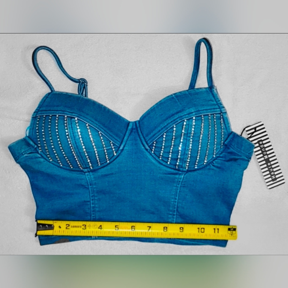 Haute Monde Denim Rhinestone Crop Top - Picture 11 of 15